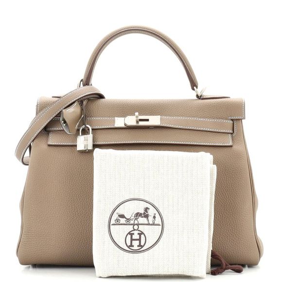 Hermes Kelly Handbag Bicolor Togo with Palladium Hardware 32 Neutral - Picture 2 of 8